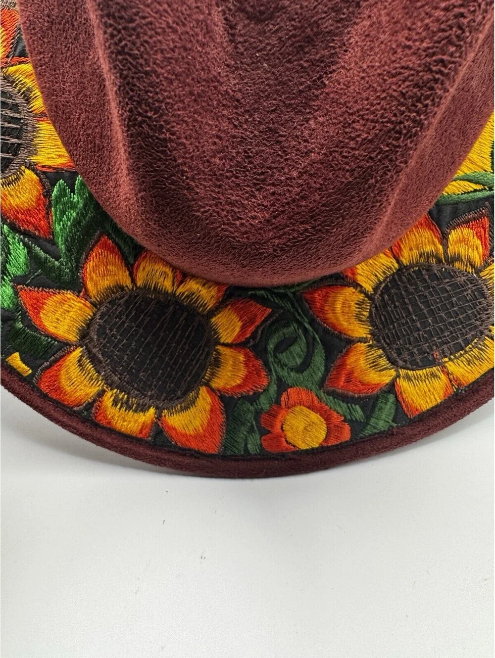 Mexican Artisanal Hand Embroidered Sunflower Fedora Hat Suede Boho Medium
